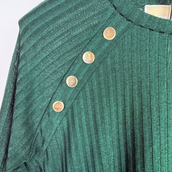 Michael Kors Women's Size S Short Sleeve Shirt Gold Button Ribbed Emerald Green - Picture 2 of 16